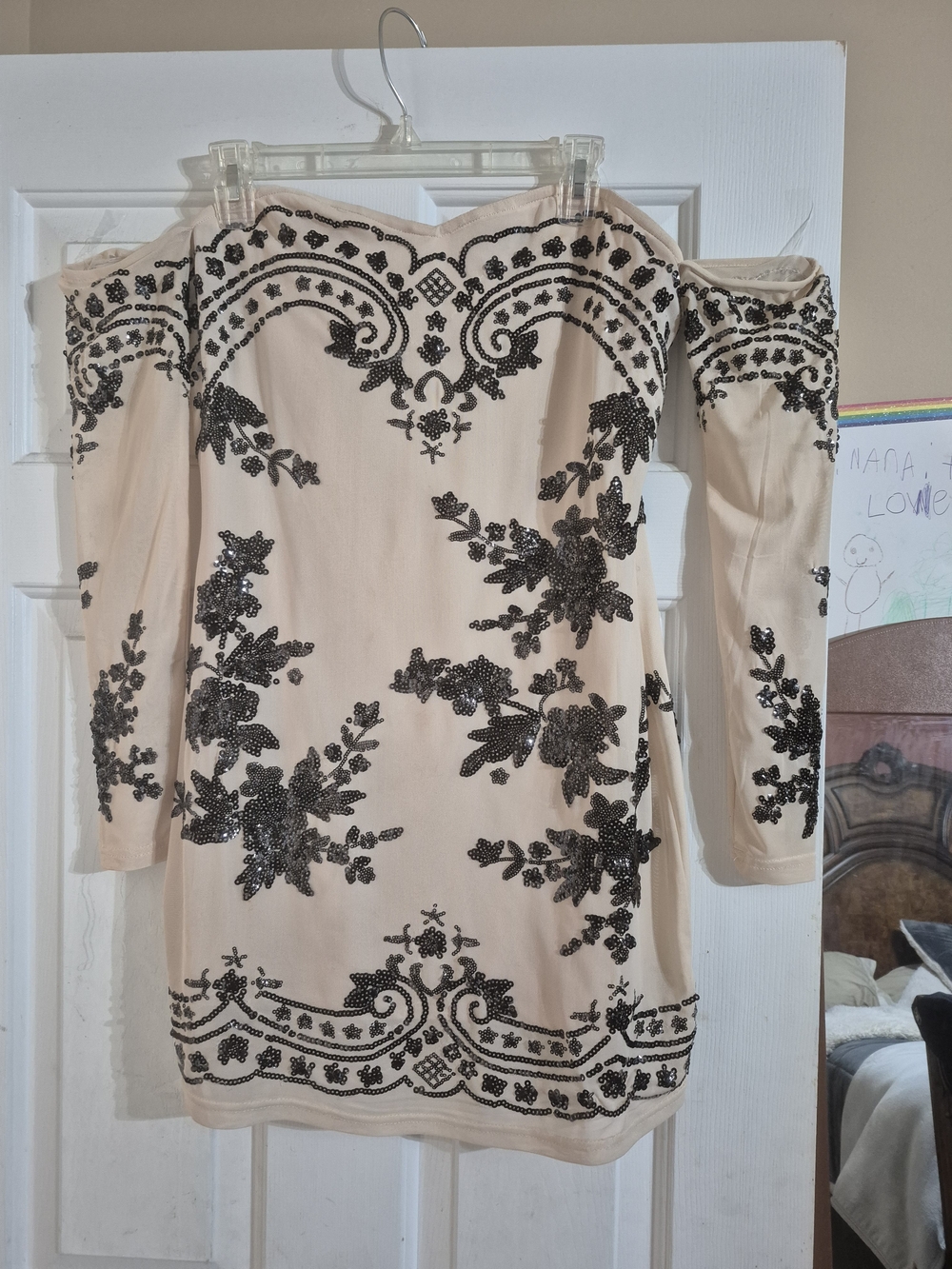 Boohoo Beige Off-Shoulder Midi Dress with Black Sequin Embellishment
